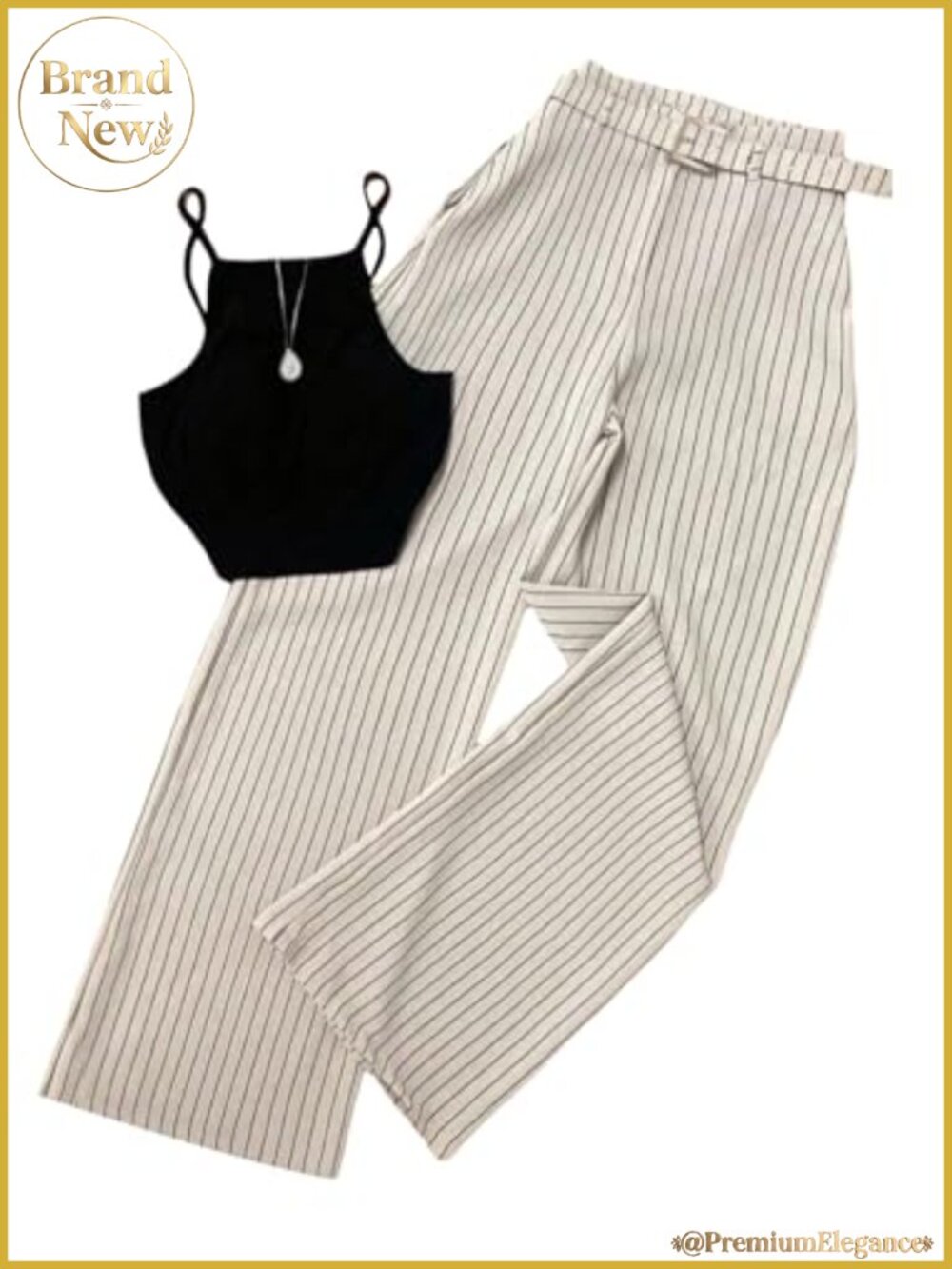 Dressy 2 Piece Outfit Sleeveless Camisole Striped Belted Pants Set Work Office